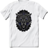 Wolf - Dieren Mandala T-Shirt | Donkerblauw | Grappig Verjaardag Zentangle Dierenkop Cadeau Shirt | Dames - Heren - Unisex | Wildlife Tshirt Kleding Kado | - Wit - L