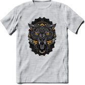 Wolf - Dieren Mandala T-Shirt | Geel | Grappig Verjaardag Zentangle Dierenkop Cadeau Shirt | Dames - Heren - Unisex | Wildlife Tshirt Kleding Kado | - Licht Grijs - Gemaleerd - XL