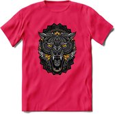 Wolf - Dieren Mandala T-Shirt | Geel | Grappig Verjaardag Zentangle Dierenkop Cadeau Shirt | Dames - Heren - Unisex | Wildlife Tshirt Kleding Kado | - Roze - XL
