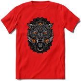 Wolf - Dieren Mandala T-Shirt | Oranje | Grappig Verjaardag Zentangle Dierenkop Cadeau Shirt | Dames - Heren - Unisex | Wildlife Tshirt Kleding Kado | - Rood - 3XL
