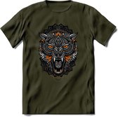 Wolf - Dieren Mandala T-Shirt | Oranje | Grappig Verjaardag Zentangle Dierenkop Cadeau Shirt | Dames - Heren - Unisex | Wildlife Tshirt Kleding Kado | - Leger Groen - M