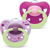 NUK Signature Night fopspeen | 6-18 maanden | fopspeen met lichteffect | BPA-vrij silicone | paarse harten | 2 stuks