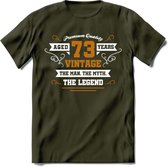 73 Jaar Legend T-Shirt | Goud - Wit | Grappig Verjaardag en Feest Cadeau Shirt | Dames - Heren - Unisex | Tshirt Kleding Kado | - Leger Groen - M