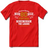80 Jaar Legend T-Shirt | Goud - Wit | Grappig Verjaardag en Feest Cadeau Shirt | Dames - Heren - Unisex | Tshirt Kleding Kado | - Rood - M