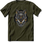 Vos - Dieren Mandala T-Shirt | Geel | Grappig Verjaardag Zentangle Dierenkop Cadeau Shirt | Dames - Heren - Unisex | Wildlife Tshirt Kleding Kado | - Leger Groen - M