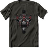 Bizon - Dieren Mandala T-Shirt | Rood | Grappig Verjaardag Zentangle Dierenkop Cadeau Shirt | Dames - Heren - Unisex | Wildlife Tshirt Kleding Kado | - Donker Grijs - M