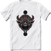 Bizon - Dieren Mandala T-Shirt | Rood | Grappig Verjaardag Zentangle Dierenkop Cadeau Shirt | Dames - Heren - Unisex | Wildlife Tshirt Kleding Kado | - Wit - XL