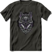 Vos - Dieren Mandala T-Shirt | Paars | Grappig Verjaardag Zentangle Dierenkop Cadeau Shirt | Dames - Heren - Unisex | Wildlife Tshirt Kleding Kado | - Donker Grijs - 3XL