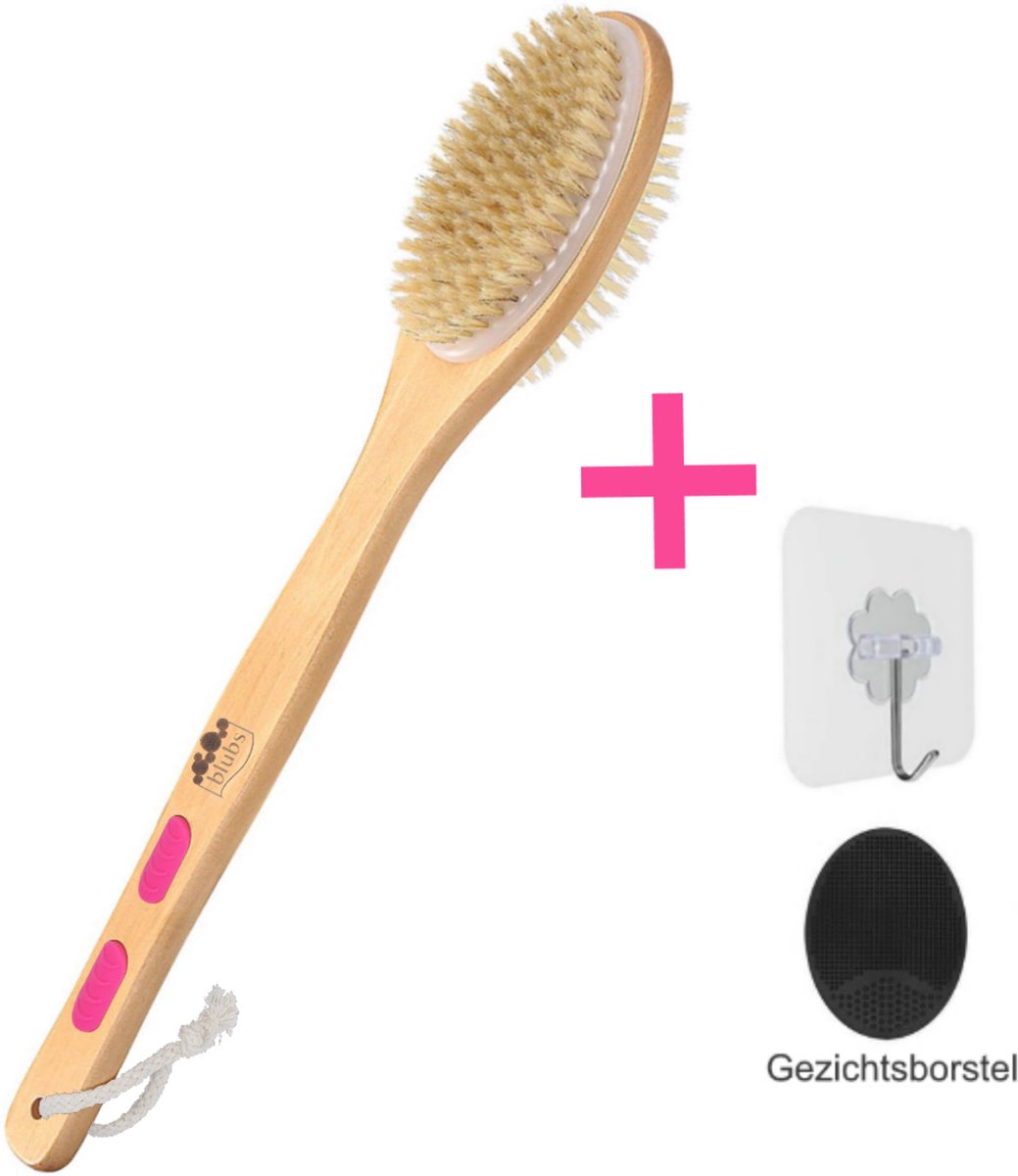 Goedkoopste Blubs® – Houten Badborstel – Dry brush – Rug Scrubber – Lichaamsborstel – Rugborstel douche met steel – Huidborstel – Rugborstel hout – Houten Badborstel met steel – Doucheborstel met steel – Houten borstel – Droogborstel – Massag