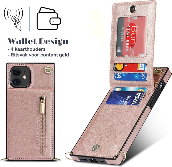 Rosegouden telefoonhoesje met portemonnee, 4 kaarthouders en ritsvak voor contant geld.