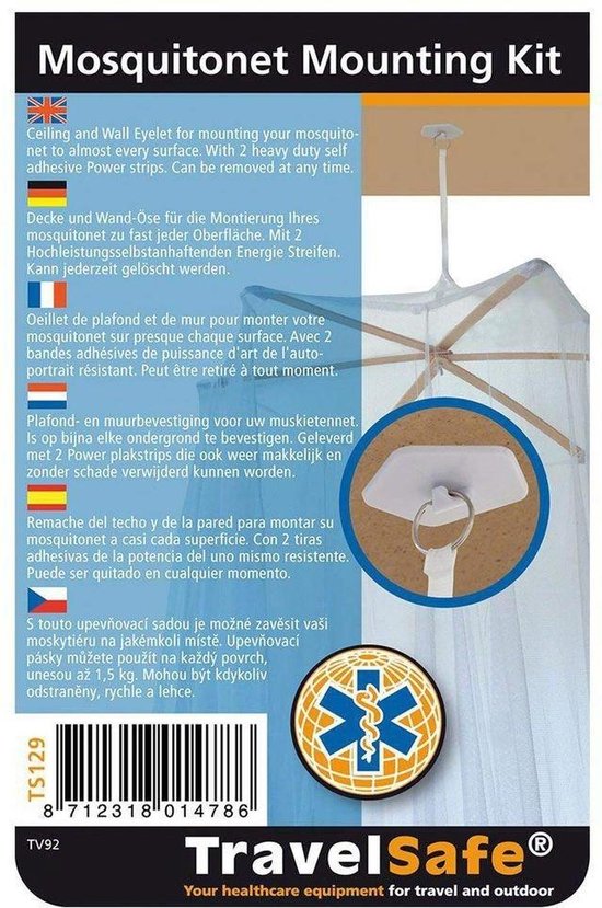 Reisveilige muggennet montagekit met 2 zelfklevende powerstrips voor montage op plafond of muur.