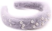 Fluffy Haarband met Parels - Diadeem - Breedte 3 cm - Grijs
