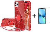 Apple iPhone 13 Mini | Ring Houder | Back Cover Telefoonhoesje | Glitter | TPU Hoesje | Rood + 1x Screenprotector