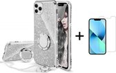 Apple iPhone 13 Mini | Ring Houder | Back Cover Telefoonhoesje | Glitter | TPU Hoesje | Zilver + 1x Screenprotector