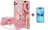 Apple iPhone 13 | Ring Houder | Back Cover Telefoonhoesje | Glitter | TPU Hoesje | Roze + 1x Screenprotector