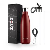 ZEUZ Premium RVS Thermosfles & Drinkfles - Isoleerfles – Waterfles met Rietje - BPA Vrij – 500 ml - Mat Rood