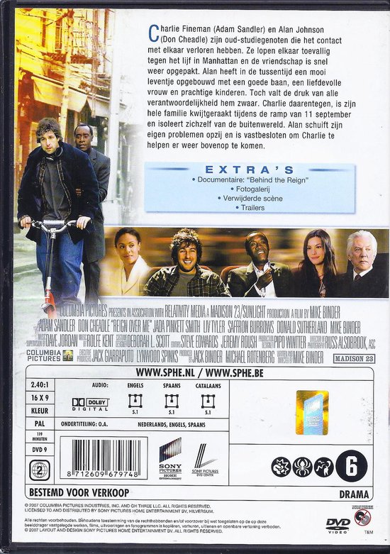 Achterkant van de "Reign Over Me" DVD-hoes met castfoto's en filminfo.