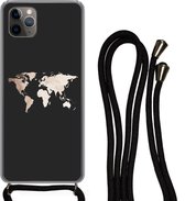 Hoesje met koord Geschikt voor iPhone 11 Pro - Wereldkaart - Leer - Zwart - Siliconen - Crossbody - Backcover met Koord - Telefoonhoesje met koord - Hoesje met touw