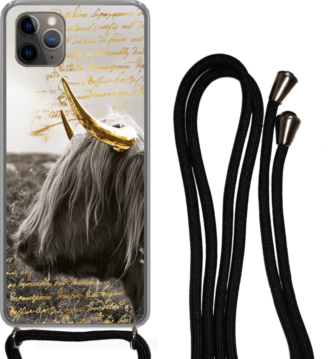 Telefoonhoesje Geschikt voor iPhone 11 Pro - Schotse hooglander - Goud - Hoorn - Siliconen - Crossbody - Backcover met Koord - Telefoonhoesje met koord - Hoesje met touw Telefoonhoesje