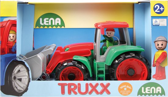 Rode en groene LENA TRUXX tractor in verpakking, met speelgoedfiguur.