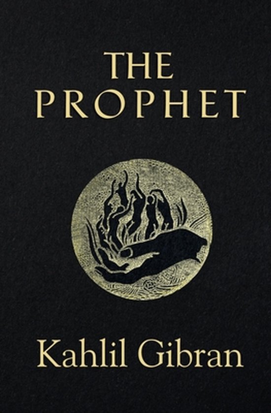 Livre "The Prophet" par Kahlil Gibran, avec texte doré et illustration circulaire d'une main tenant des flammes.