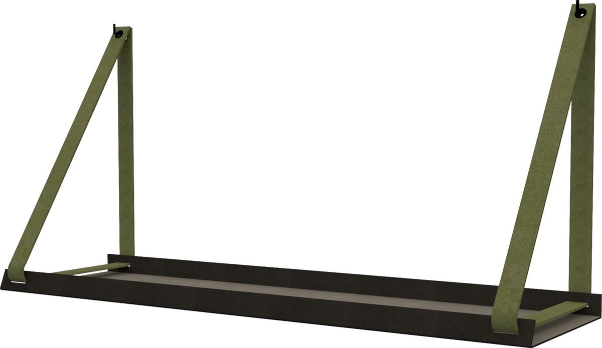 Handles and more - Stalen wandplank zwart 98cm + leren plankdragers Suede Olive