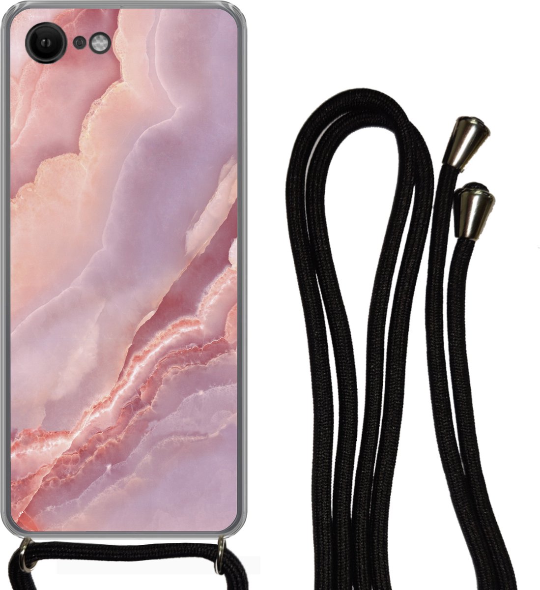 Telefoonkoord - Telefoonketting - Telefoonhoesje Geschikt voor iPhone SE 2020 - Natuursteen - Roze - Close up - Siliconen - Crossbody - Telefoonhoesje met koord Telefoonhoesje