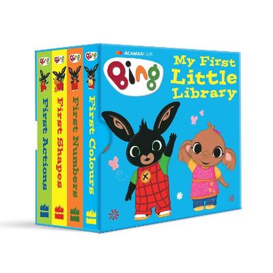 Bing's Mijn Eerste Kleine Bibliotheek: een set van vier boeken met Bing en Flop, met titels als Eerste Kleuren, Eerste Cijfers.