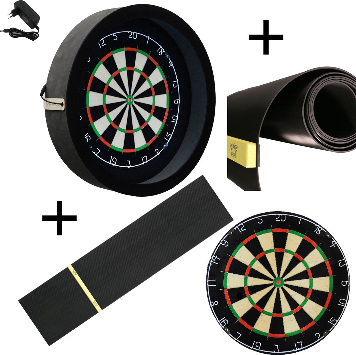 Darts Set - Sorpresa PRO - Complete PRO - zwart-rubber - Darts Set Plain - dartmat rubber 300*60 incl. Oche - dartbord verlichting