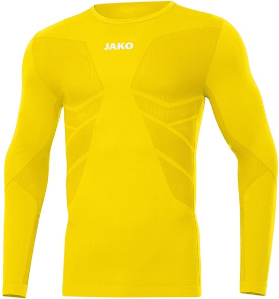 Manches longues JAKO citron moulantes pour hommes avec des zones texturées sur la poitrine et les manches. Le logo Jako est blanc sur la poitrine.
