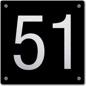 Huisnummerbord - huisnummer 51 - zwart - 12 x 12 cm - rvs look - schroeven - naambordje - nummerbord  - voordeur