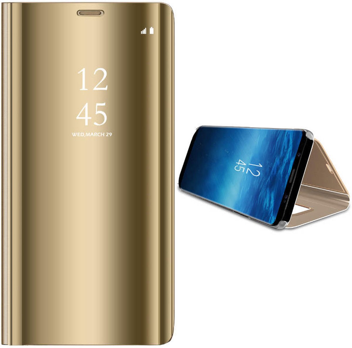 Hoesje geschikt voor Samsung Galaxy S21 FE - Book Case Mirror Reflection Wallet Cover Booktype Hoes Goud