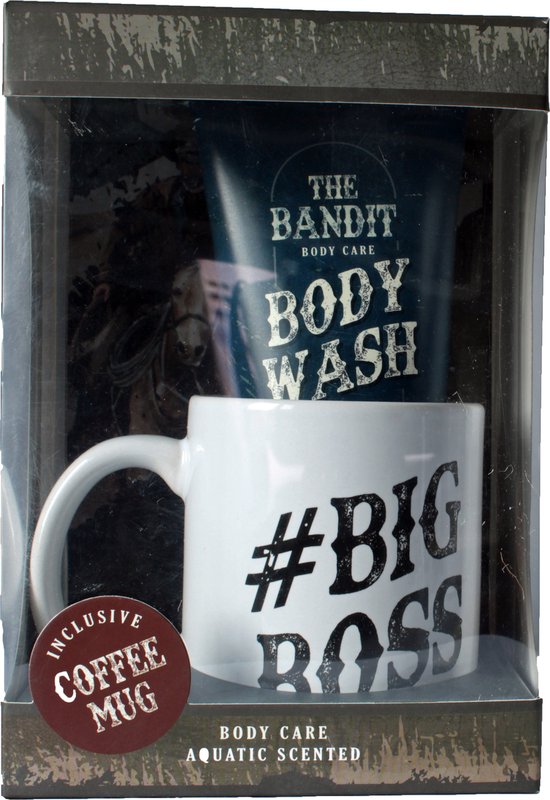 Geschenkset met "The Bandit Body Care" douchegel en een witte mok met de tekst "#BIG BOSS AND ONLY".