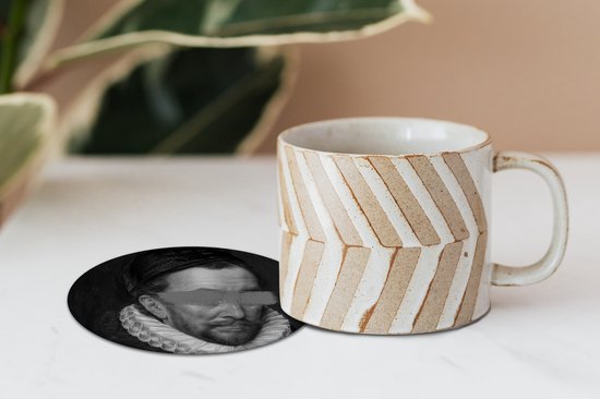 Sous-verres pour verres - Rond - Portrait de Guillaume Ier - Adriaen Thomasz - Zwart - Wit - 10x10 cm - Sous-verres en verre - 6 pièces