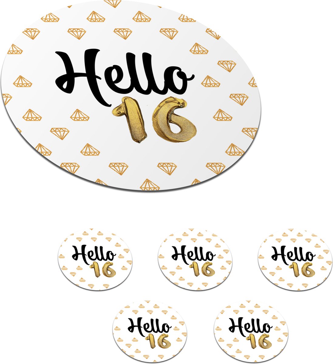 Onderzetters voor glazen - Rond - Feest - Diamant - 16 jaar - 10x10 cm - Glasonderzetters - 6 stuks