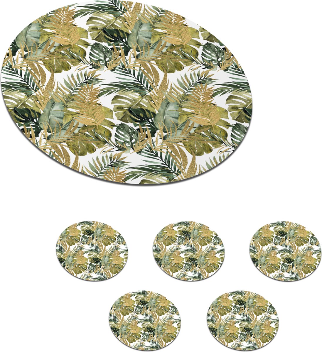 Onderzetters voor glazen - Rond - Tropical - Groen - Blad - 10x10 cm - Glasonderzetters - 6 stuks