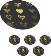 Onderzetters voor glazen - Rond - Gouden getekende harten op zwart papier - 10x10 cm - Glasonderzetters - 6 stuks