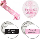 9-delige babyshower set met buttons, sjerp en ballonnen roze met zwart - babyshower - genderreveal - sjerp - button - ballon