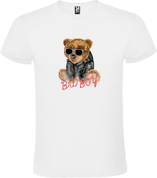 Wit t-shirt met grote print 'Stoere Bad Boy Teddybeer' size S
