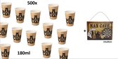 500x Koffie beker karton A Hot Cup 180ml + Man cave bord - Koffie thee chocomel soep drank water beker karton