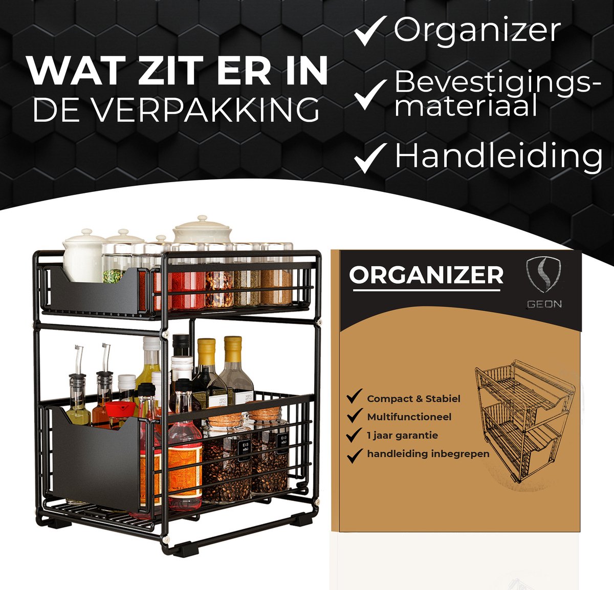 GEON Gootsteenkast organizer - Keukenkast organizer - Gootsteenrek - Badkamer organizer - Lade - Zwart — cadeau in Cadeau-ideeën - foto 8
