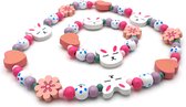 Houten kinderketting en armband voor meisjes met konijntjes, hartjes en bloemen zachte kleuren roze en oranje