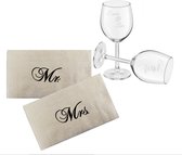 Geschenkset huwelijk - Wijnglazen en Gastendoekjes Mr. Mrs. - Origineel cadeau