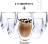 Dubbelwandige Glazen + 6 Glazen Rietjes- Set Van 6 - Latte Macchiato Espresso Koffieglazen - Koffiekopjes/Theeglazen - Koffieglas - 6 x 350 ml