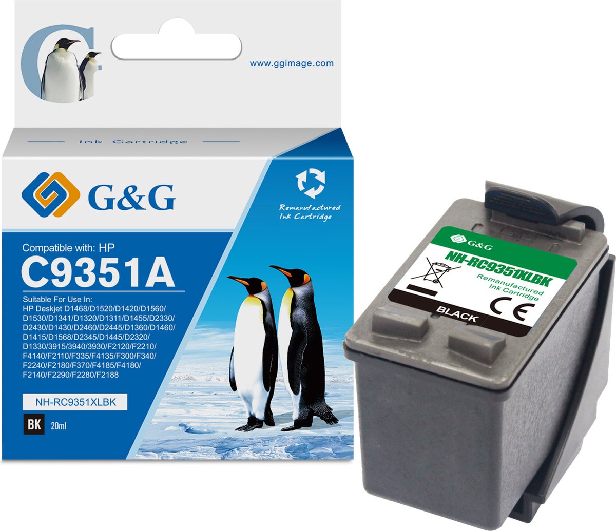 G&G 21XL Inktcartridge compatibel met HP 21( C9351AE) 21XL( C9351CE) Zwart Hoge capaciteit huismerk