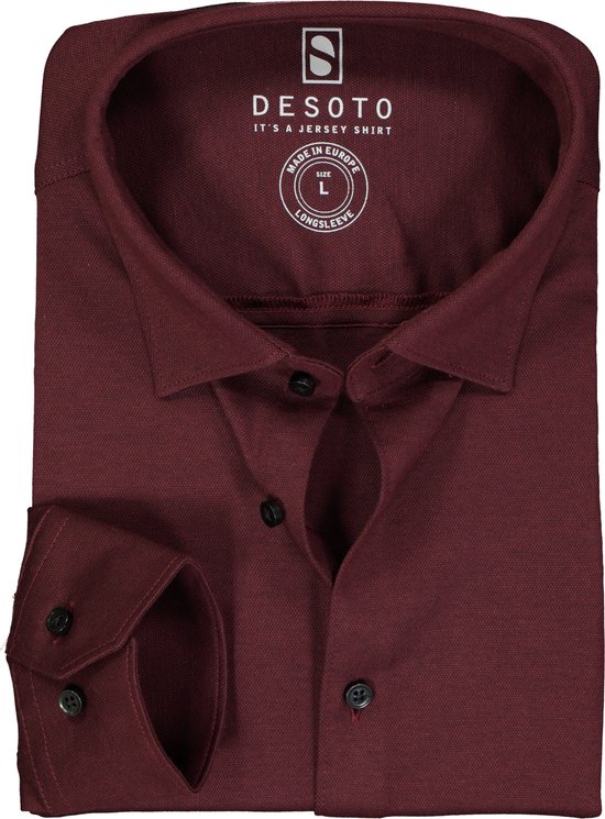 DESOTO slim fit overhemd - stretch pique tricot Kent kraag - bordeaux rood melange - Strijkvrij - Boordmaat: 43/44