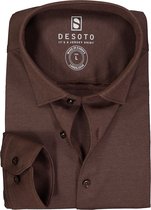 DESOTO slim fit overhemd - stretch pique tricot Kent kraag - donkerbruin - Strijkvrij - Boordmaat: 43/44