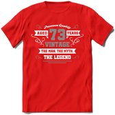 73 Jaar Legend T-Shirt | Zilver - Wit | Grappig Verjaardag en Feest Cadeau | Dames - Heren - Unisex | Kleding Kado | - Rood - S