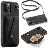 Apple iPhone 12 Pro Max Casemania Hoesje Charcoal Gray - Luxe Back Cover met Koord - Wallet Case - Pasjeshouder