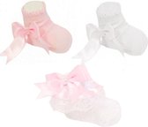 Nursery Time - 3 paar Baby Sokjes met Strik - Roze & Wit - Maat 0-3 mnd